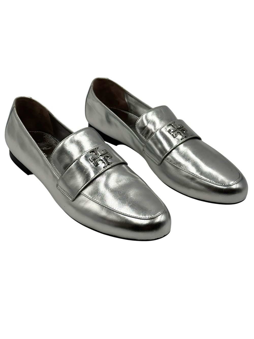 Tory Burch Silver Metallic Mini Everly Leather Loafer Flats Size 10.5